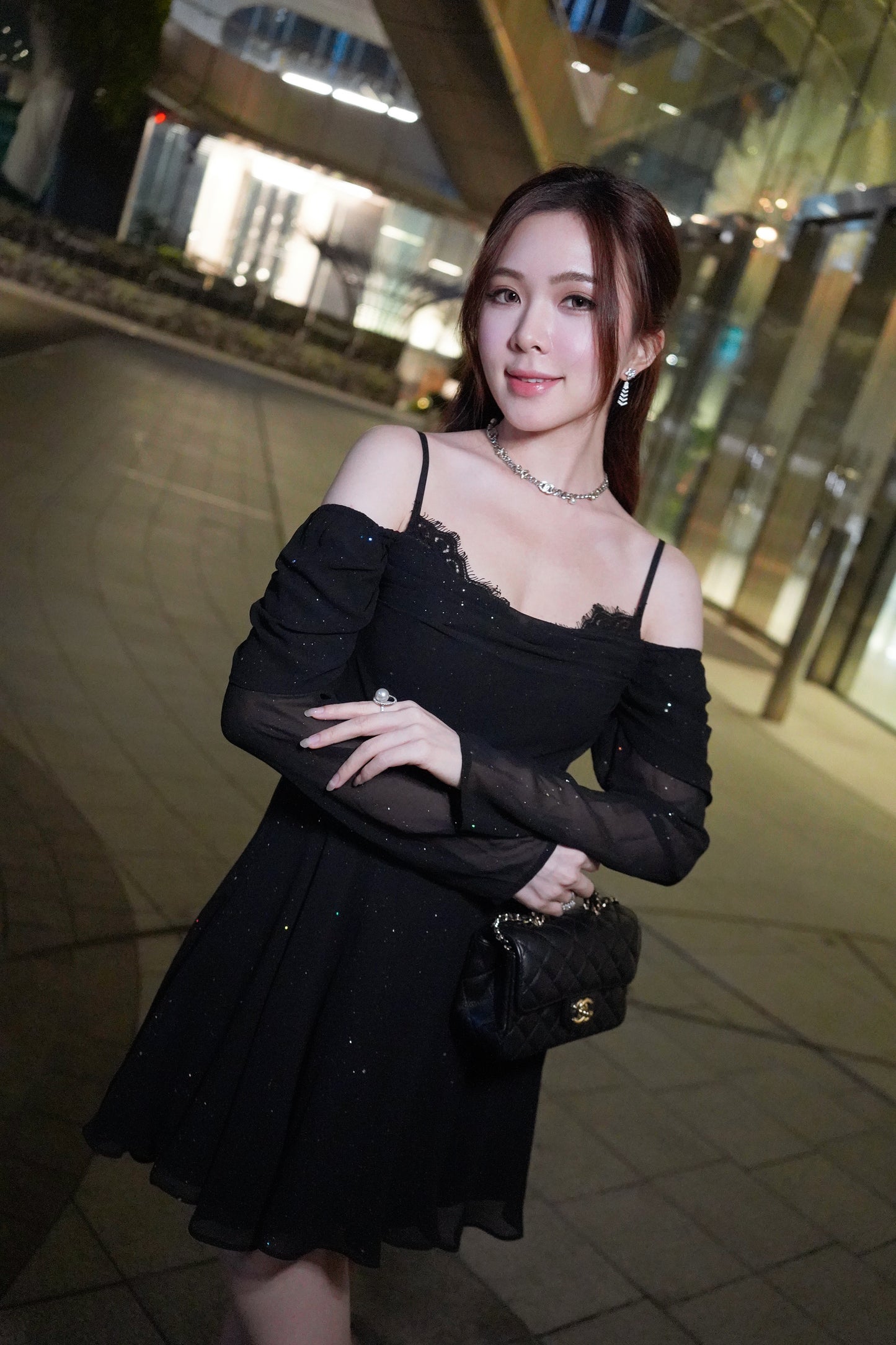 Black Long-Sleeved Sequinned Dress