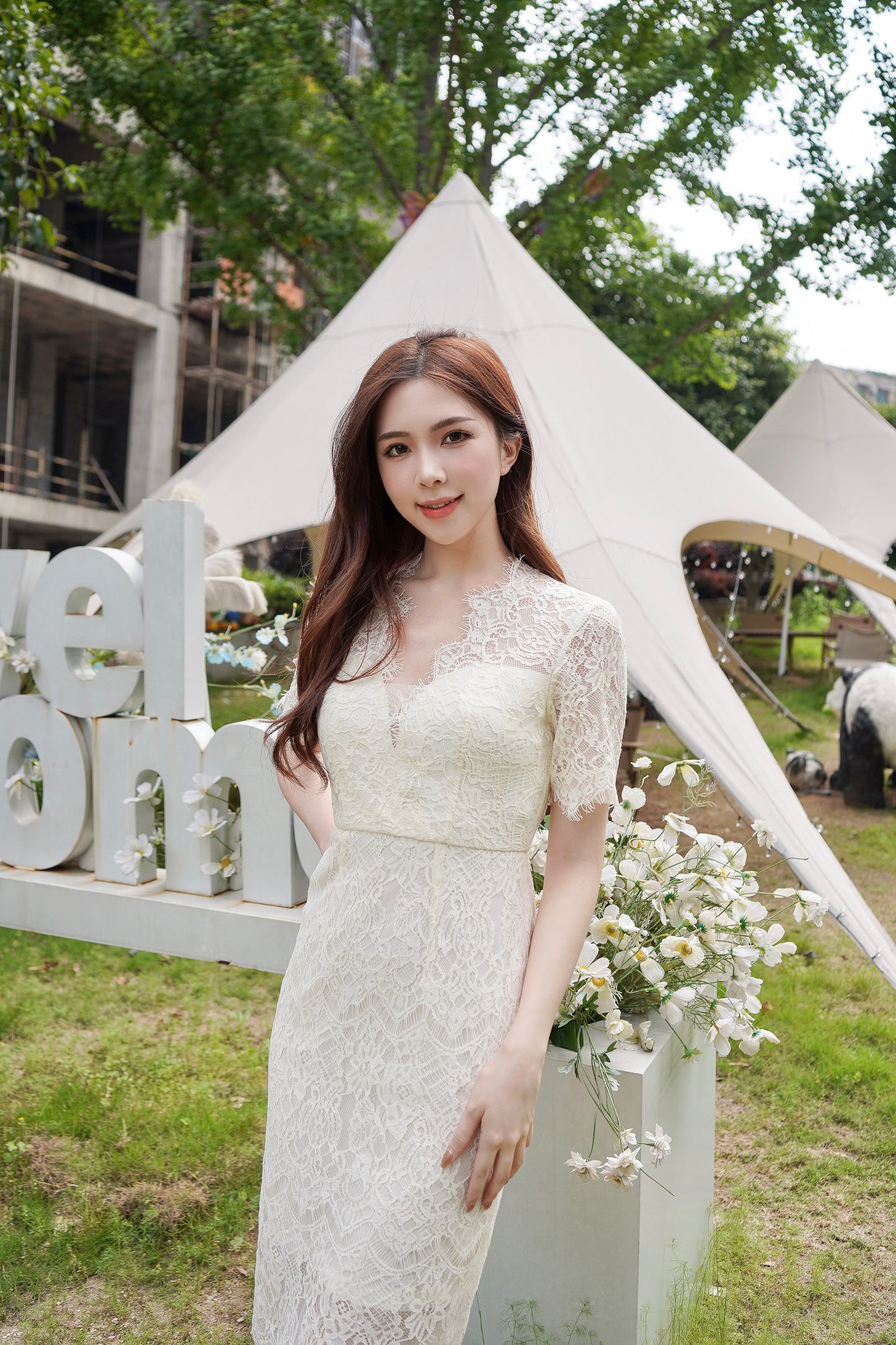 White Lace Short Sleeve Dress