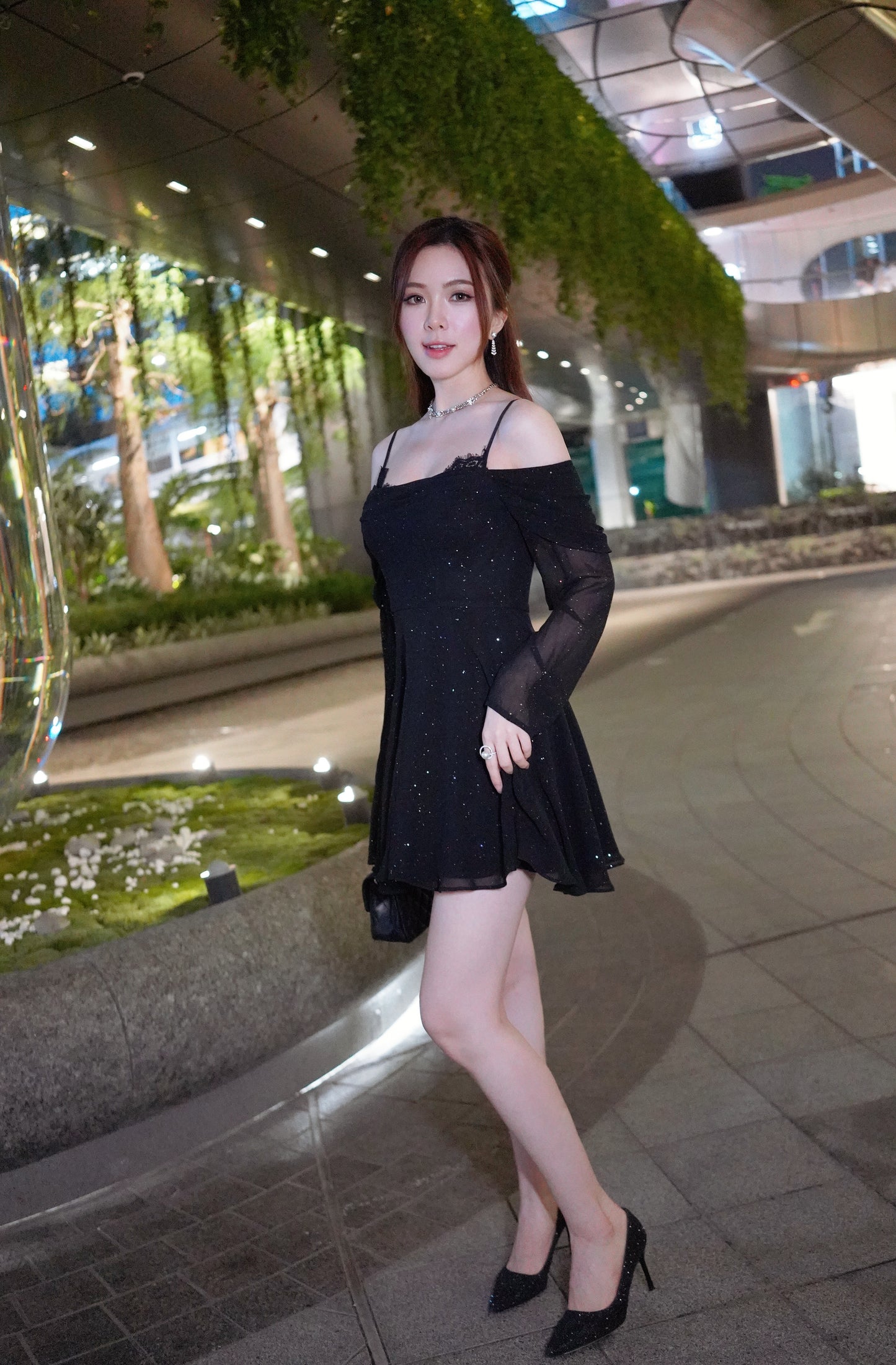 Black Long-Sleeved Sequinned Dress