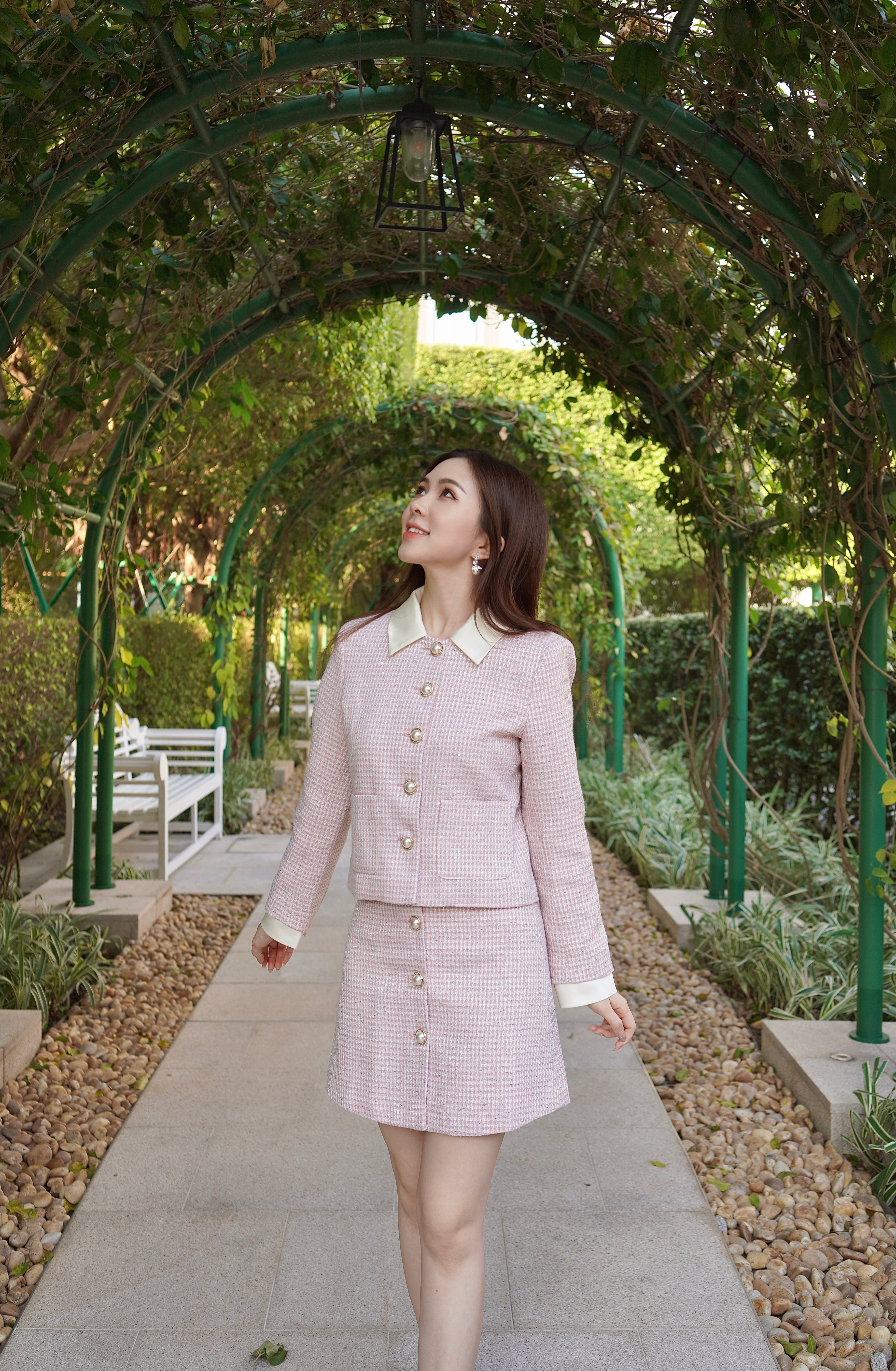 Pink skirt suit tweed best sale