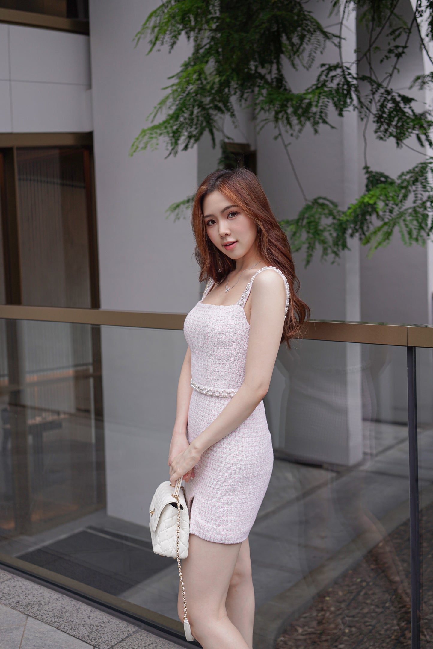 Pink Tweed Pearl Dress